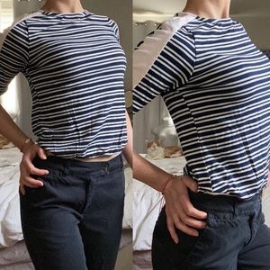 Monteau Striped 3/4 Sleeve Casual Top Navy with Pale Pink Ringer Piping at Hem